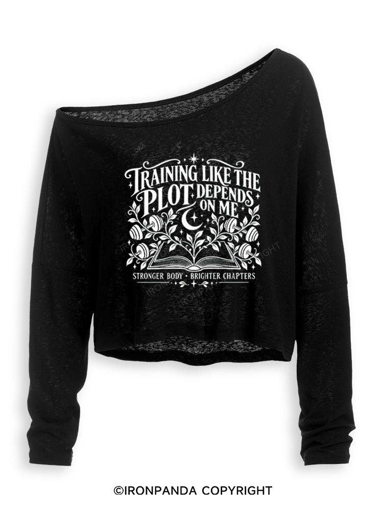 TRAINING LIKE THE PLOT DEPENDS ON ME STRONGER BODY • BRIGHTER CHAPTERS Off Shoulder Long Sleeve Crop Top
