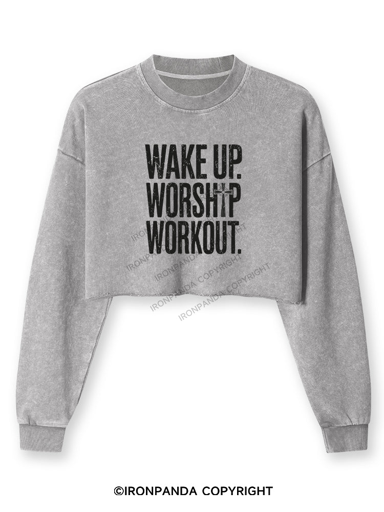 WAKE UP WORSHIP WORKOUT JESUS Washed Long-Sleeve Crop Top