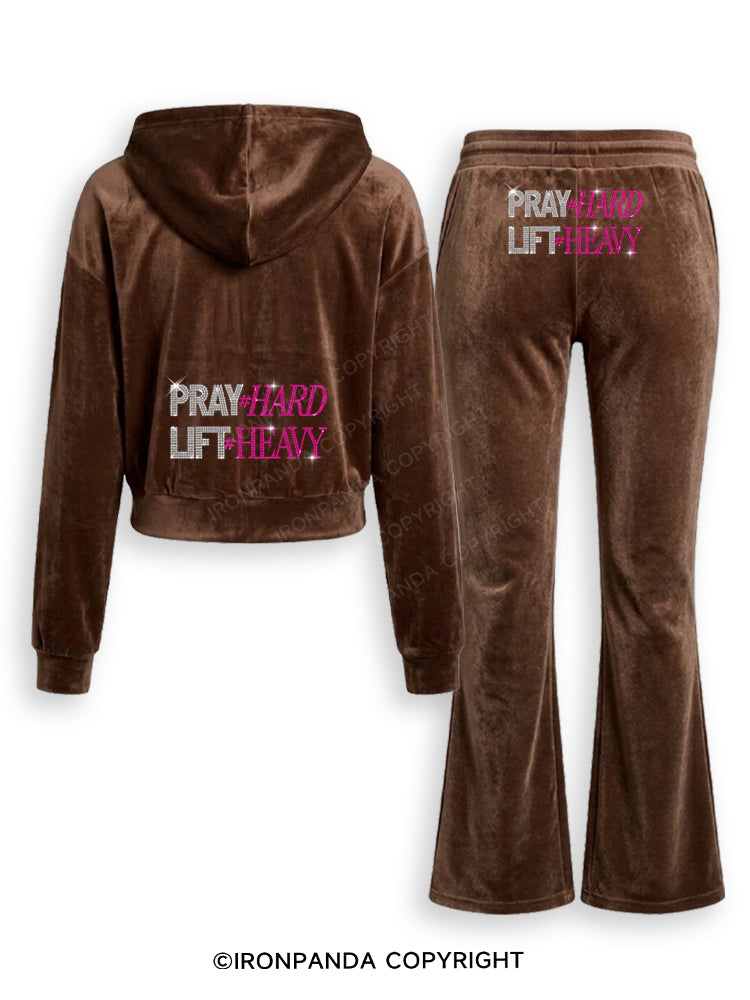 PRAY HARD # LIFT HEAVY GYM Rhinestone Velvet Tracksuit Set