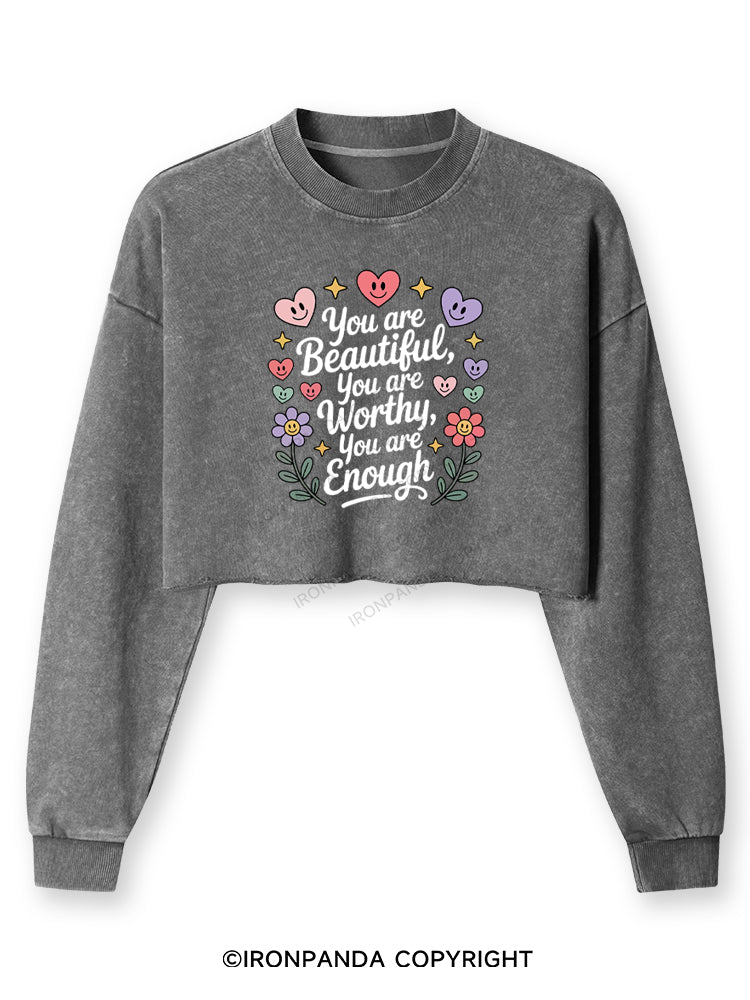 YOU ARE BEAUTIFUL, YOU ARE WORTHY, YOU ARE ENOUGH Washed Long-Sleeve Crop Top