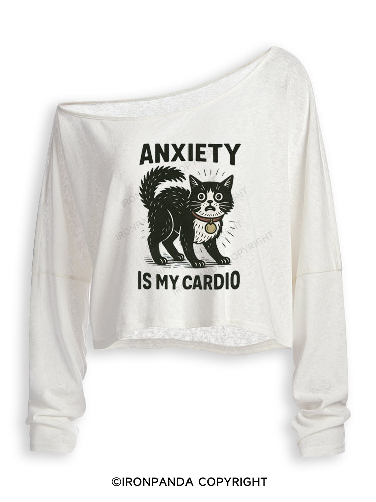 ANXIETY IS MY CARDIO CUTE KITTY Off Shoulder Long Sleeve Crop Top