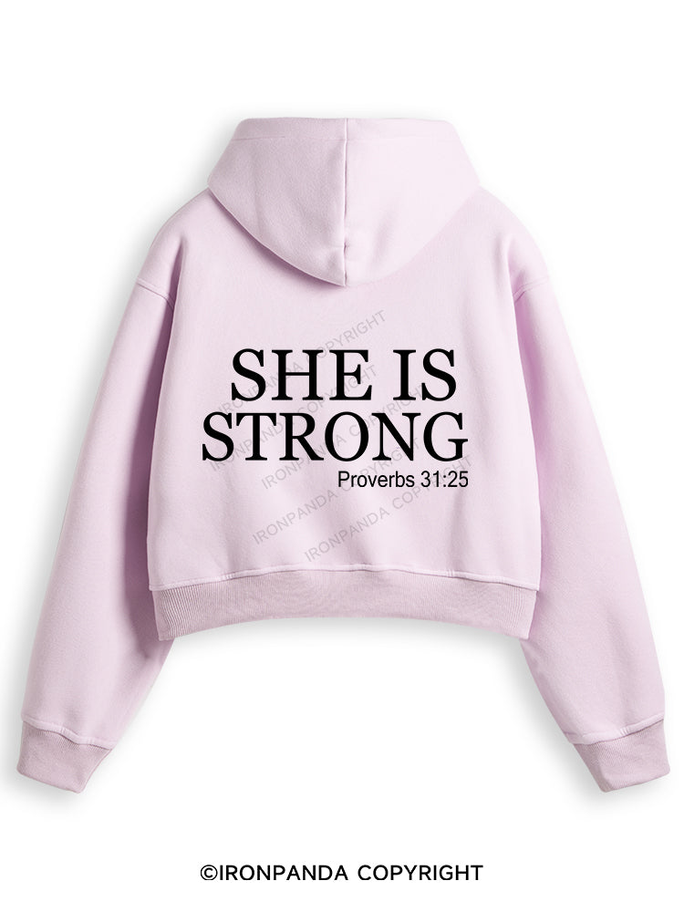 SHE IS STRONG Fleece Crop Zip Up Hoodie