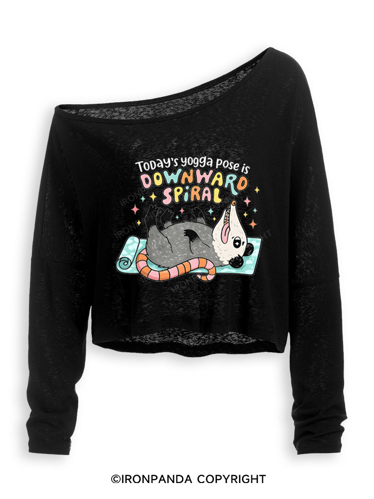 Today's Yoga Pose Is Downward Spiral Opossum Off Shoulder Long Sleeve Crop Top