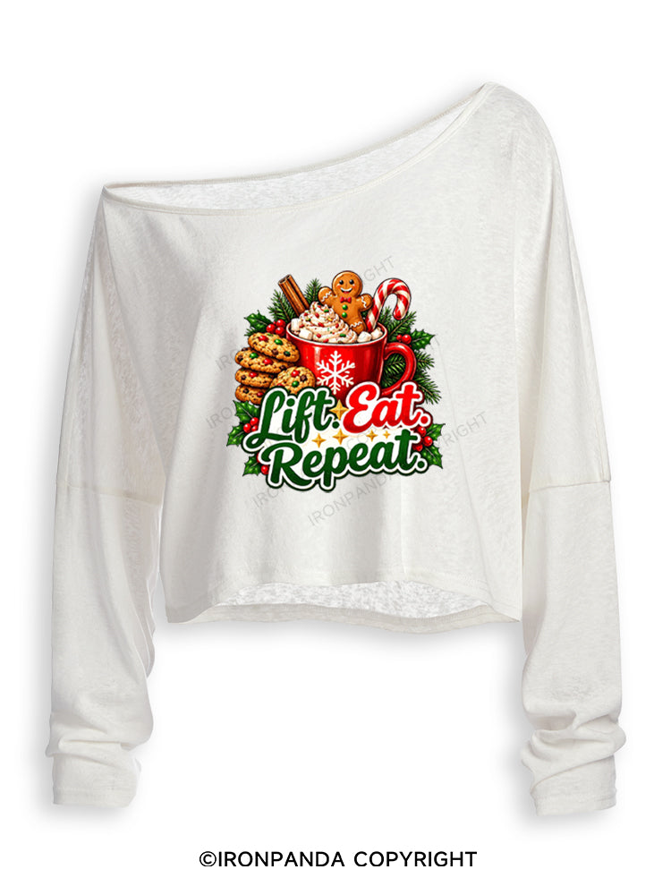 LIFT EAT REPEAT HOT COCOA & COOKIES Off Shoulder Long Sleeve Crop Top