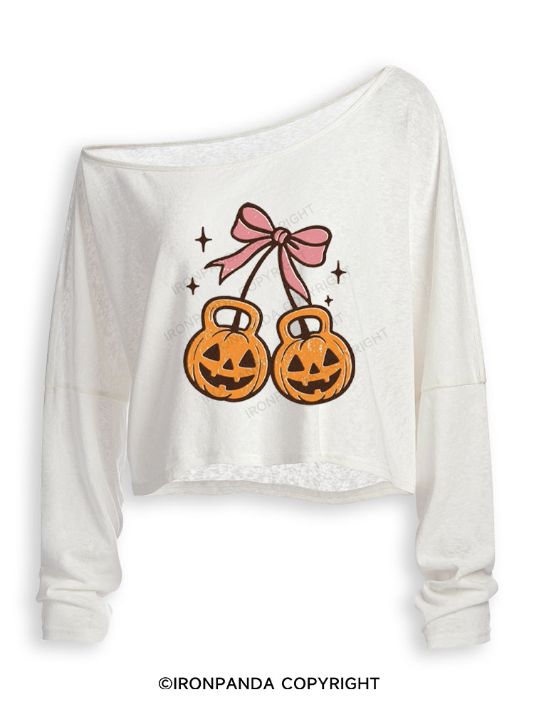 CHERRY PUMPKIN KETTLEBELL HALLOWEEN Off Shoulder Long Sleeve Crop Top