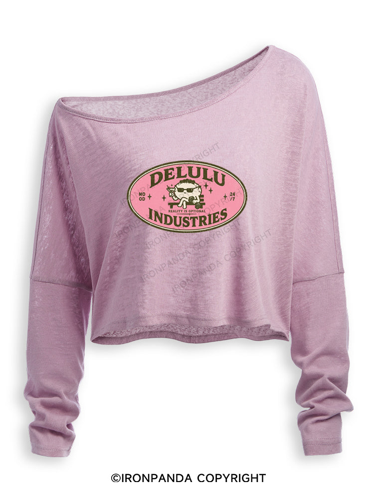 DELULU INDUSTRIES REALITY IS OPTIONAL Off Shoulder Long Sleeve Crop Top