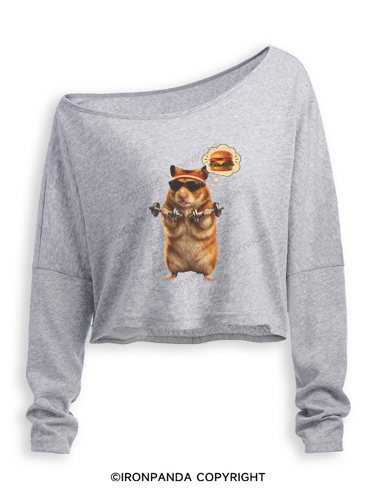Gym Hamburger Hamster Off Shoulder Long Sleeve Crop Top