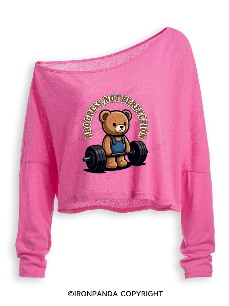 PROGRESS NOT PERFECTION CUTE BEAR DEADLIFT Off Shoulder Long Sleeve Crop Top