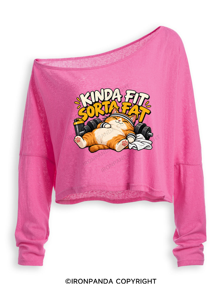 Kinda Fit Sorta Fat Cute Gym Cat Off Shoulder Long Sleeve Crop Top