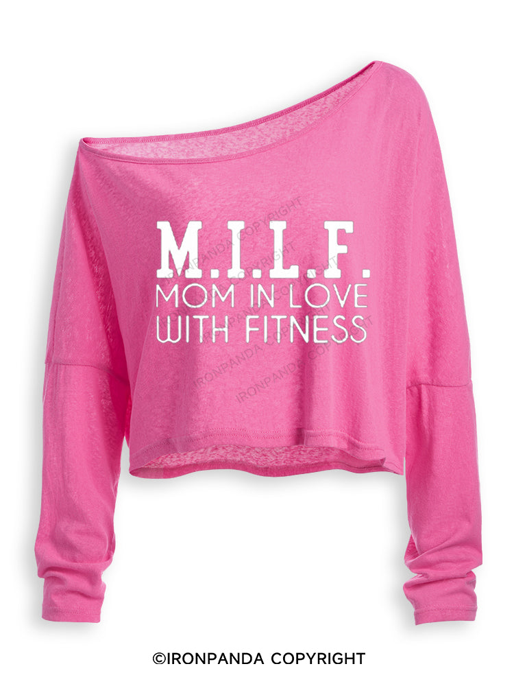 M.I.L.F. MOM IN LOVE WITH FITNESS Off Shoulder Long Sleeve Crop Top
