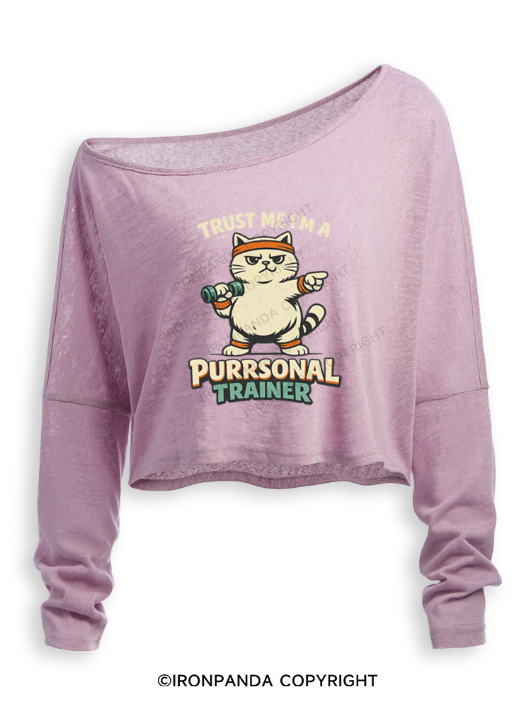 TRUST ME I'M A PURRSONAL TRAINER Off Shoulder Long Sleeve Crop Top