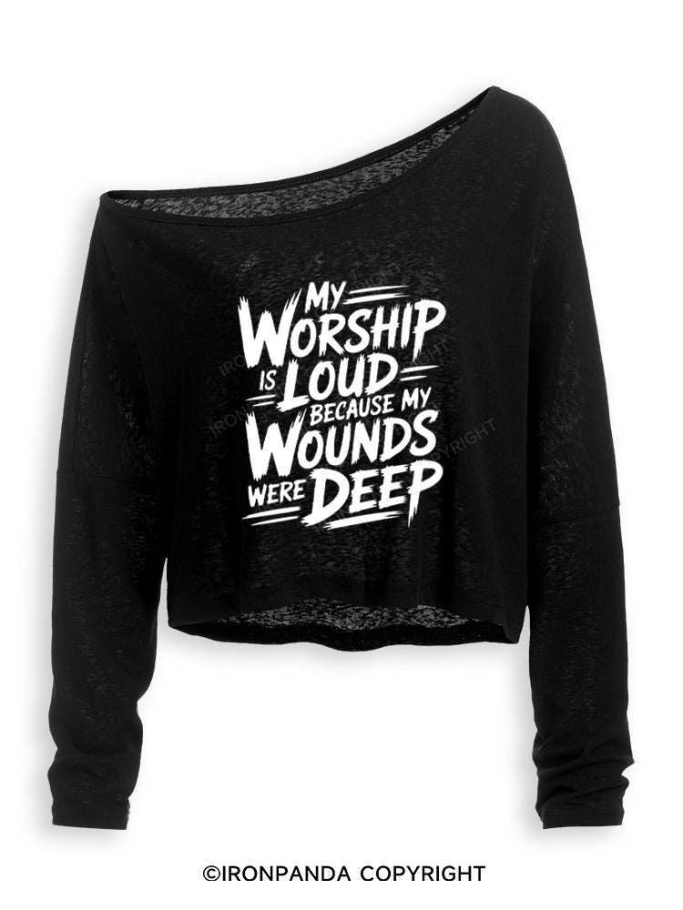 MY WORSHIP IS LOUD BECAUSE MY WOUNDS WERE DEEP Off Shoulder Long Sleeve Crop Top