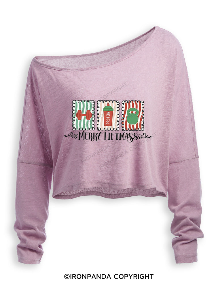 MERRY LIFTMASS CHRISTMAS WORKOUT Off Shoulder Long Sleeve Crop Top