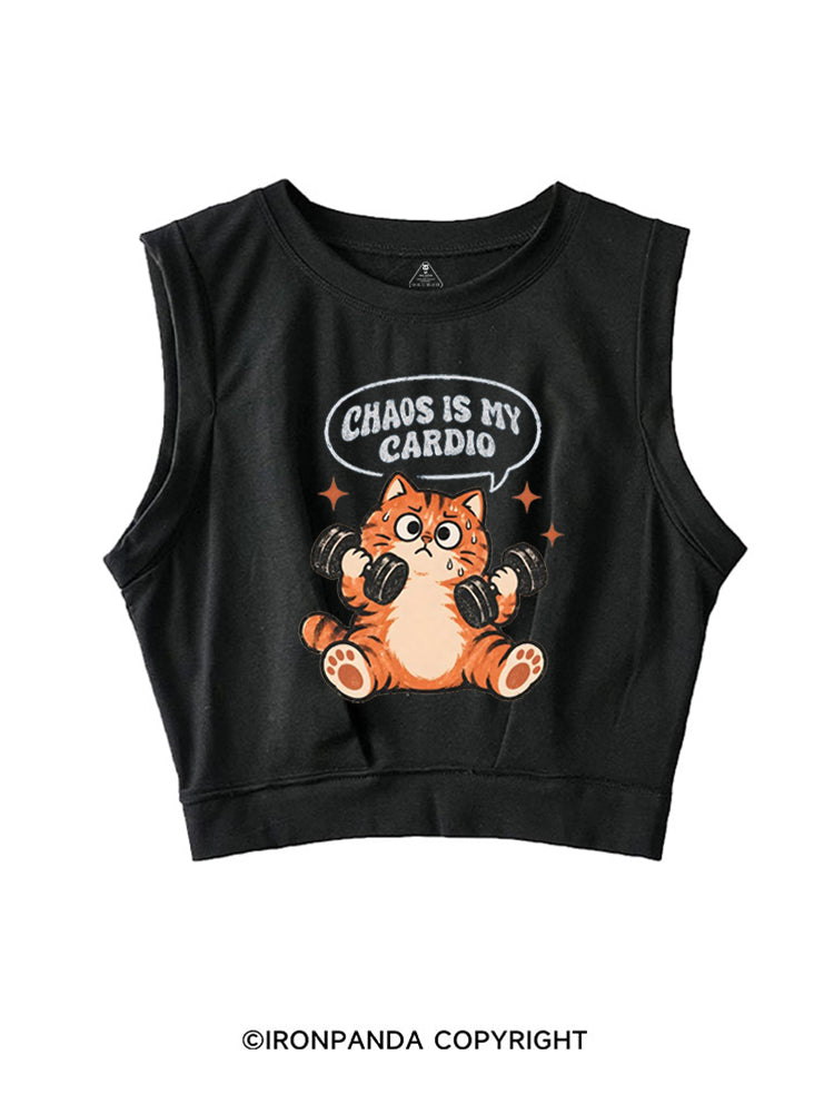 CHAOS IS MY CARDIO GYM KITTY SLEEVELESS CROP TOPS