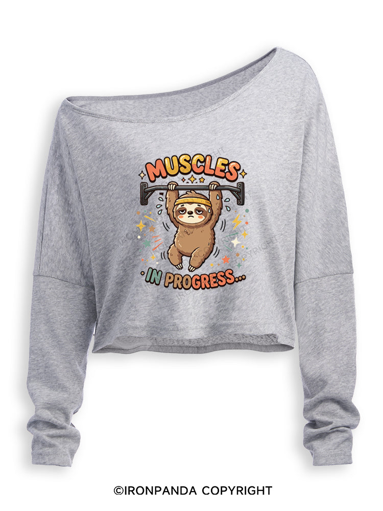 MUSCLES IN PROGRESS FUNNY SLOTH Off Shoulder Long Sleeve Crop Top