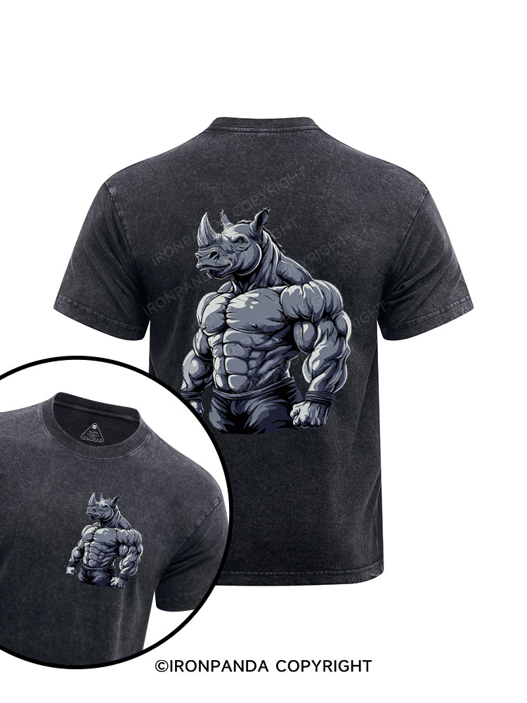 Muscular Rhino Bodybuilder Printed Washed Gym Shirt