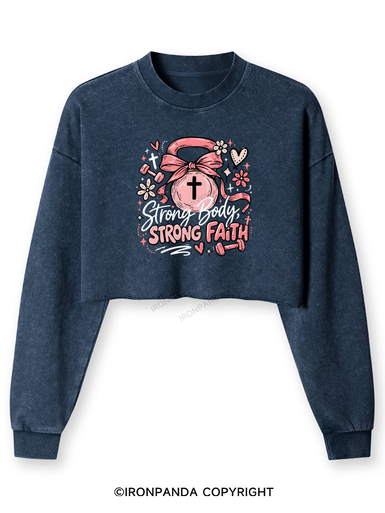 STRONG BODY, STRONG FAITH JESUS Washed Long-Sleeve Crop Top
