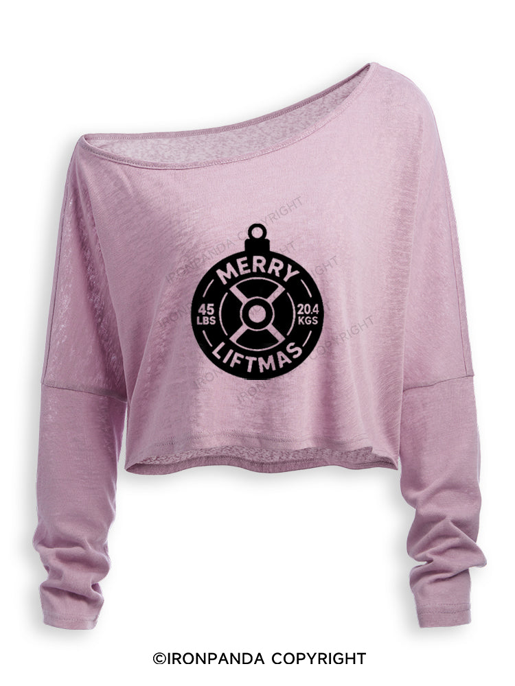 MERRY LIFTMAS WEIGHT PLATE ORNAMENT Off Shoulder Long Sleeve Crop Top