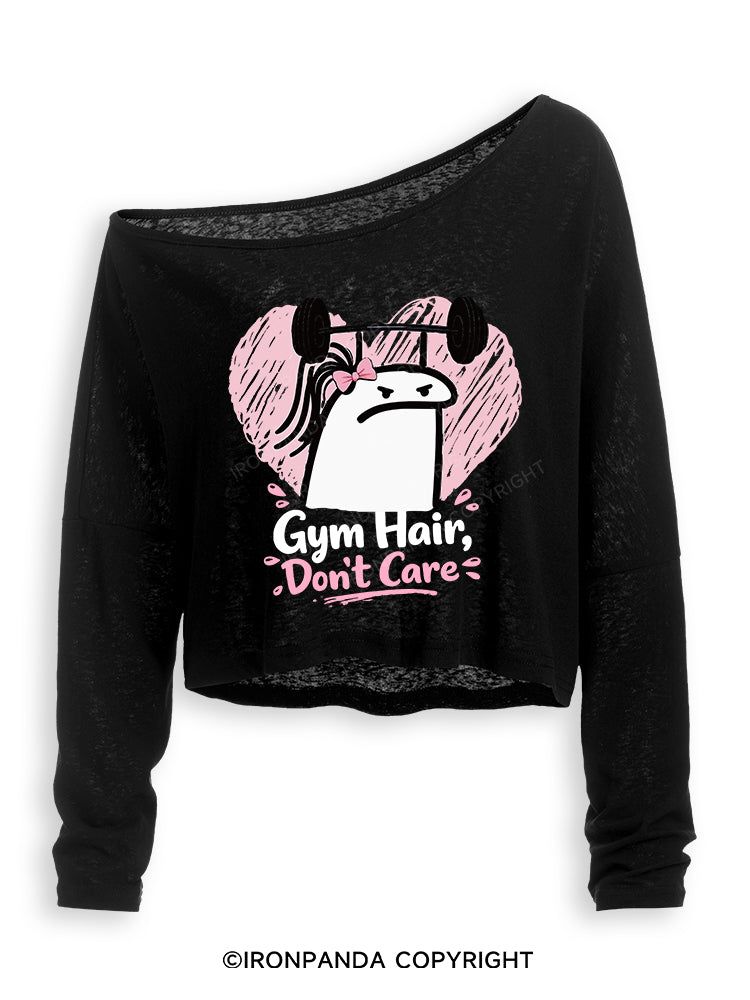 Gym Hair Don't Care Funny Gym Off Shoulder Long Sleeve Crop Top