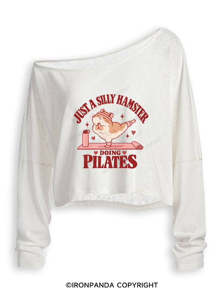JUST A SILLY HAMSTER DOING PILATES Off Shoulder Long Sleeve Crop Top