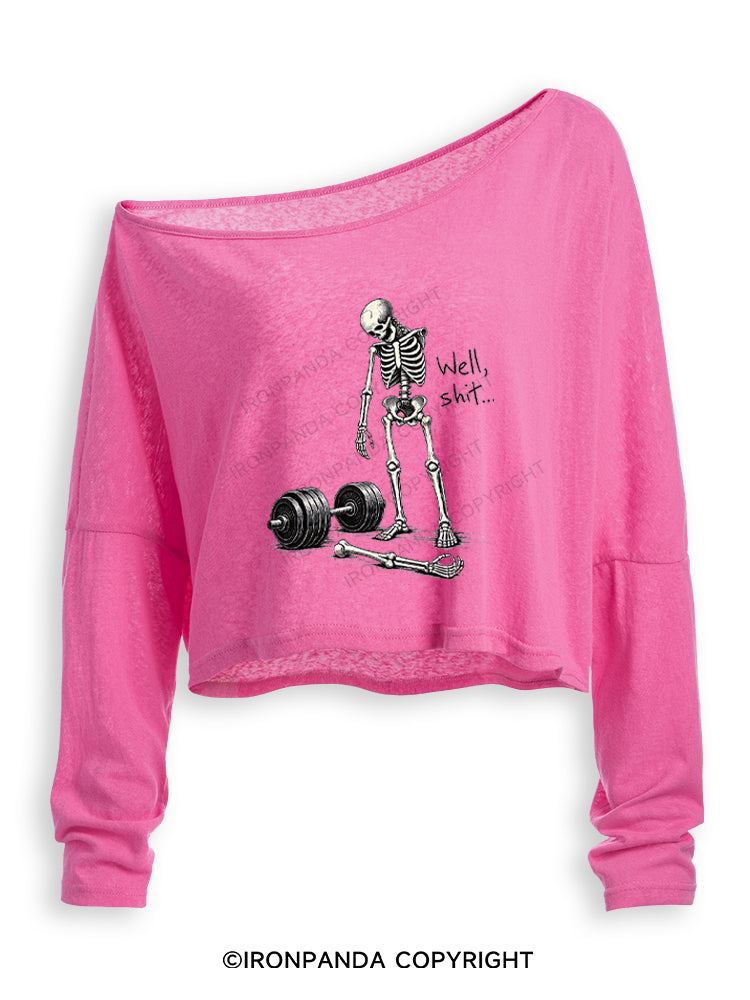 Well Shit Skeleton Weightlifting Off Shoulder Long Sleeve Crop Top