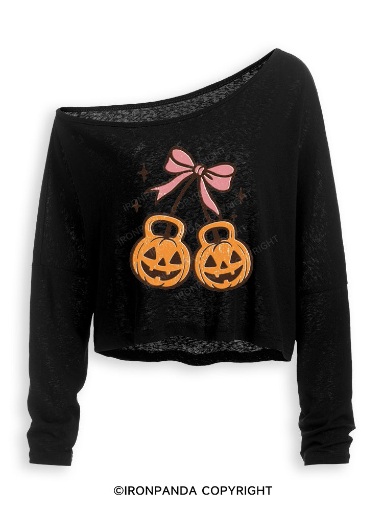 CHERRY PUMPKIN KETTLEBELL HALLOWEEN Off Shoulder Long Sleeve Crop Top