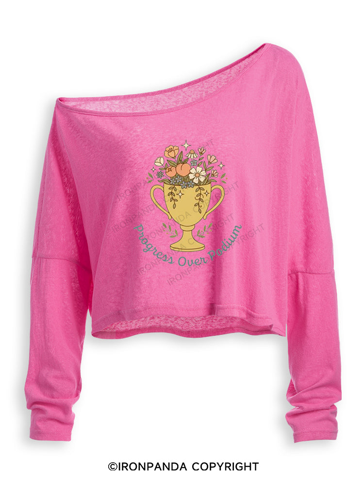 PROGRESS OVER PODIUM Off Shoulder Long Sleeve Crop Top