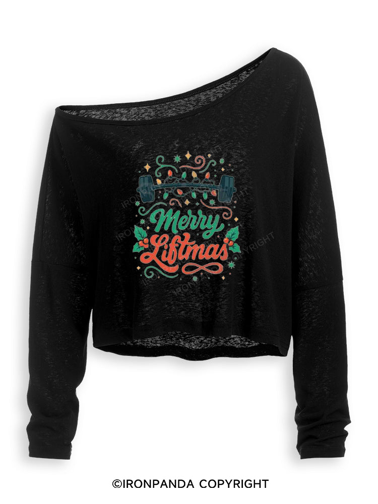 MERRY LIFTMAS STRONG CHRISTMAS Off Shoulder Long Sleeve Crop Top