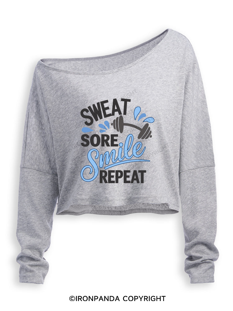 SWEAT SORE SMILE REPEAT Off Shoulder Long Sleeve Crop Top