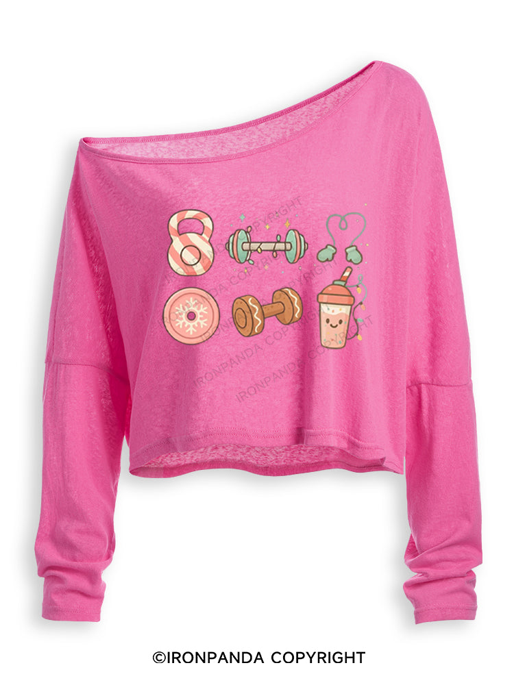 Candy Cane Kettlebell & Cookie Dumbbell Xmas Off Shoulder Long Sleeve Crop Top