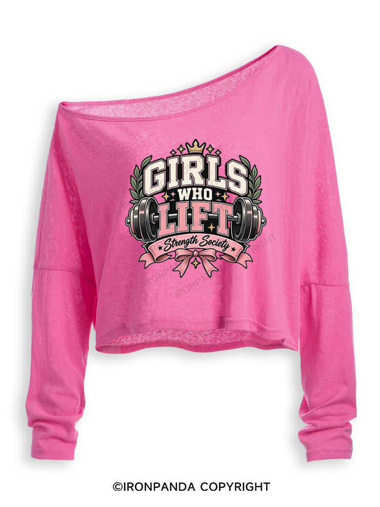 GIRLS WHO LIFT STRENGTH SOCIETY Off Shoulder Long Sleeve Crop Top