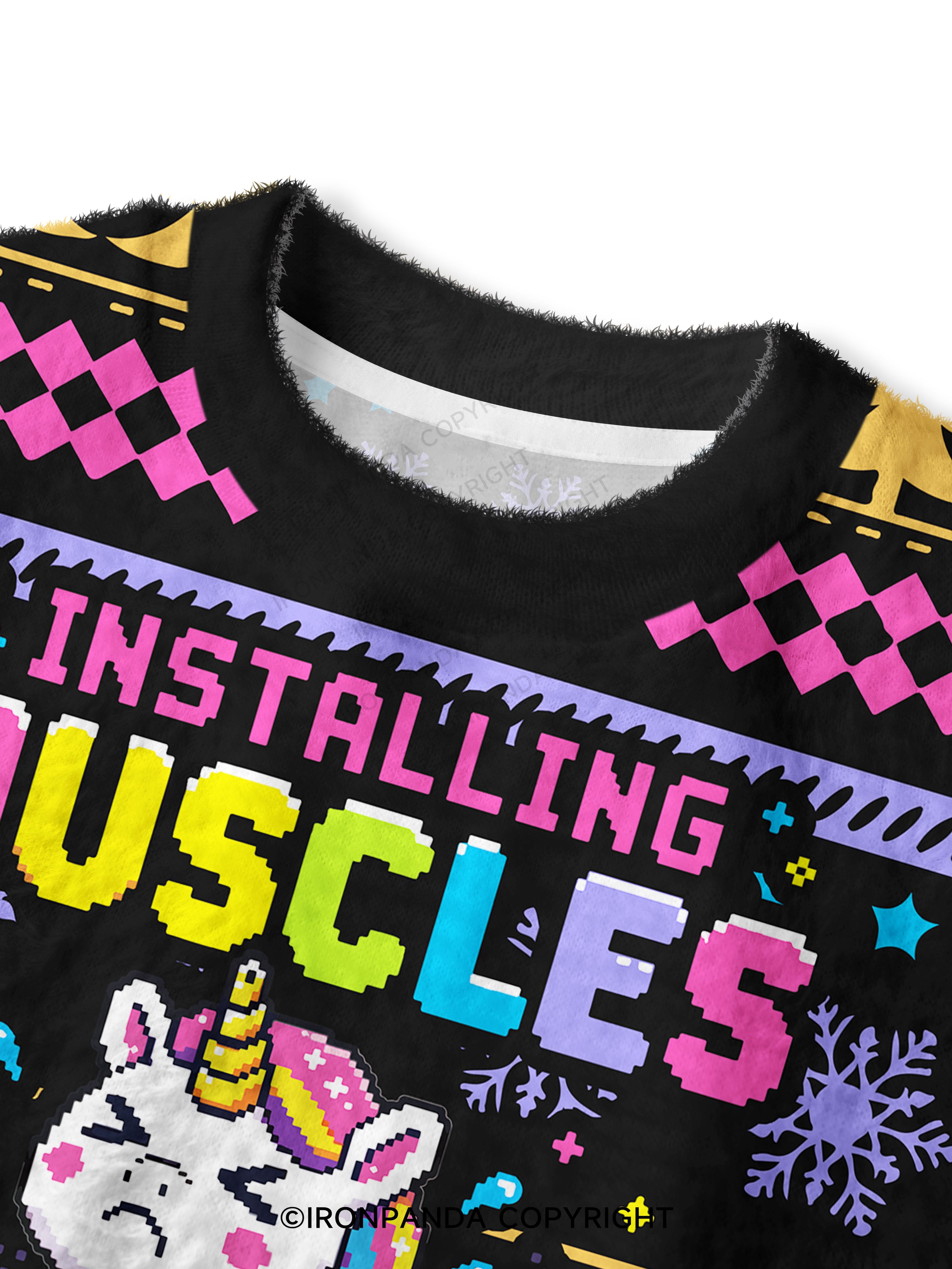 INSTALLING MUSCLES PLEASE WAIT MUSCLE UNICORN Fuzzy Fleece Crop Sweater