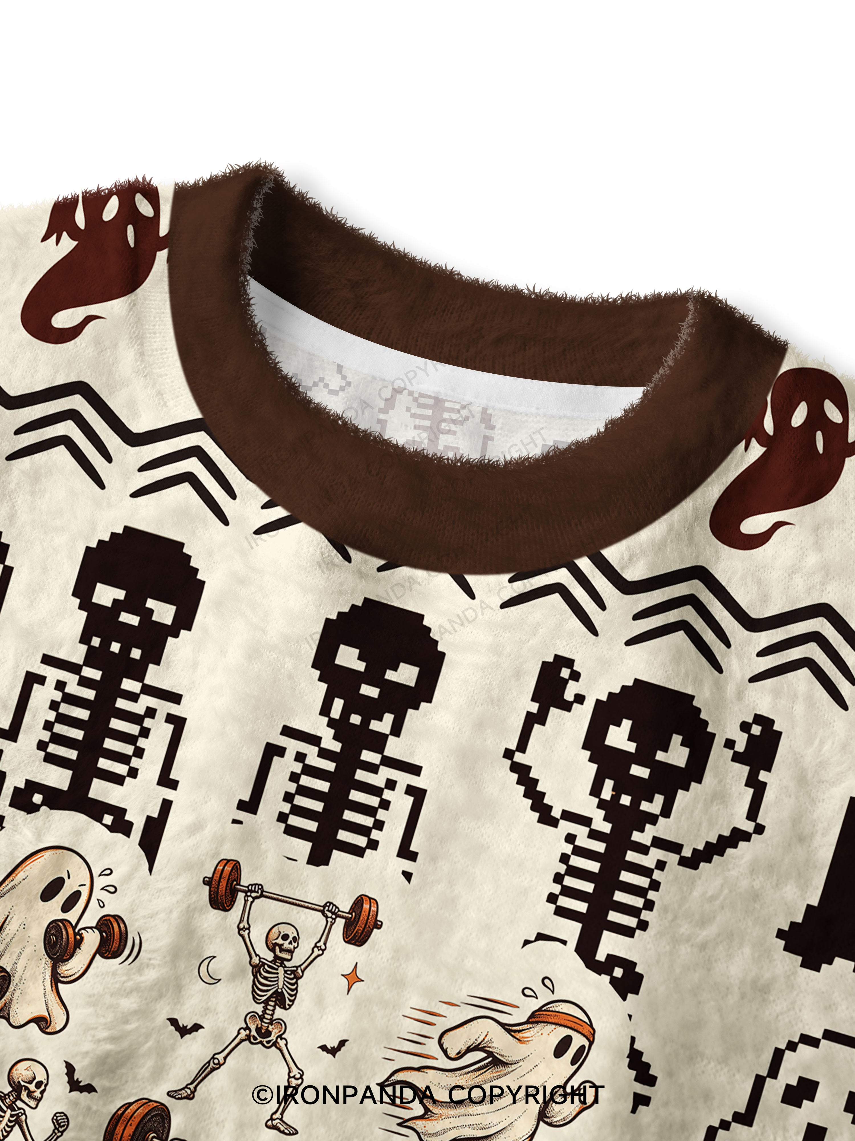 Ghost and Skeleton Workout Spooky Exercise Fuzzy Fleece Crop Sweater