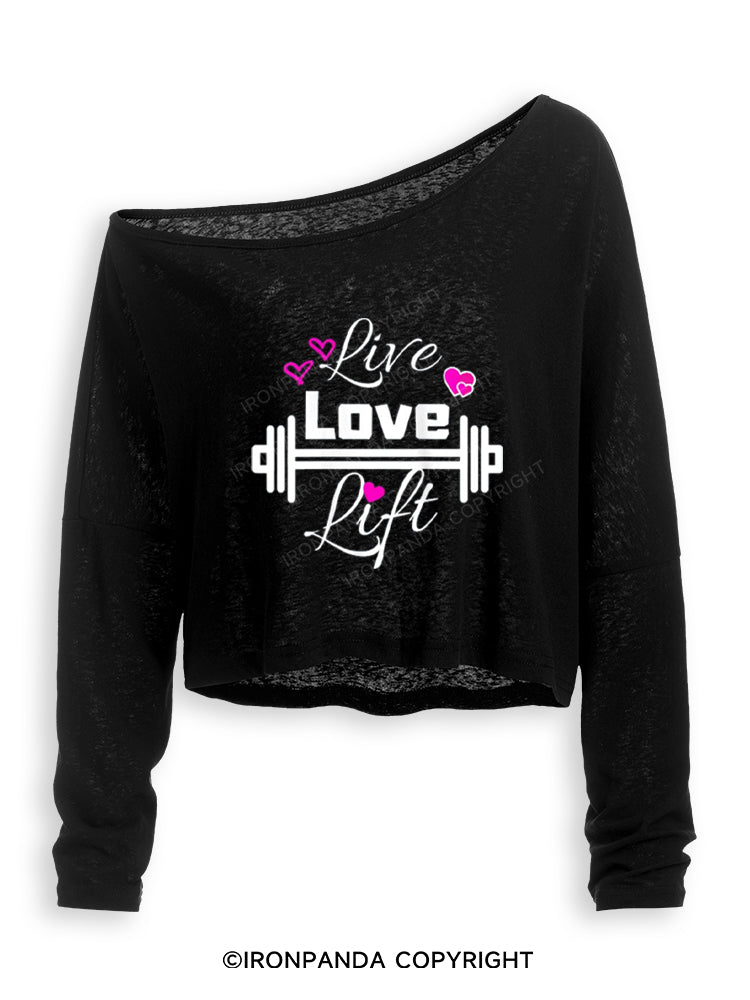 LIVE LOVE LIFT POSITIVE GYM VIBE Off Shoulder Long Sleeve Crop Top