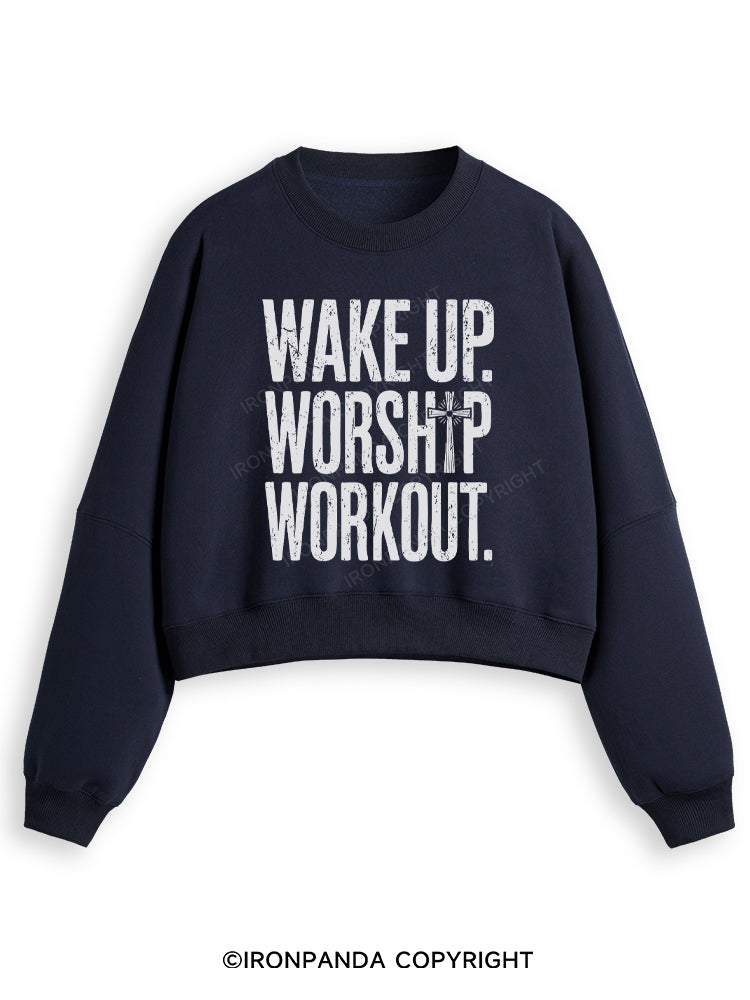 WAKE UP WORSHIP WORKOUT JESUS Fleece Crop Sweatshirt