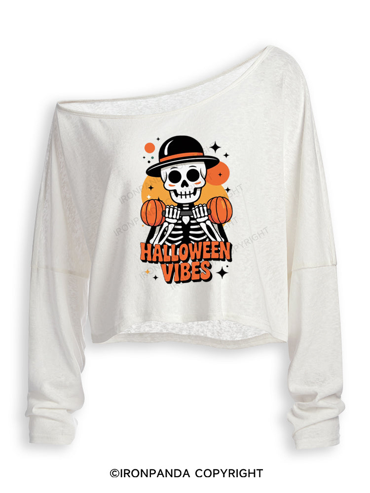 HALLOWEEN VIBES STRONG MIND Off Shoulder Long Sleeve Crop Top
