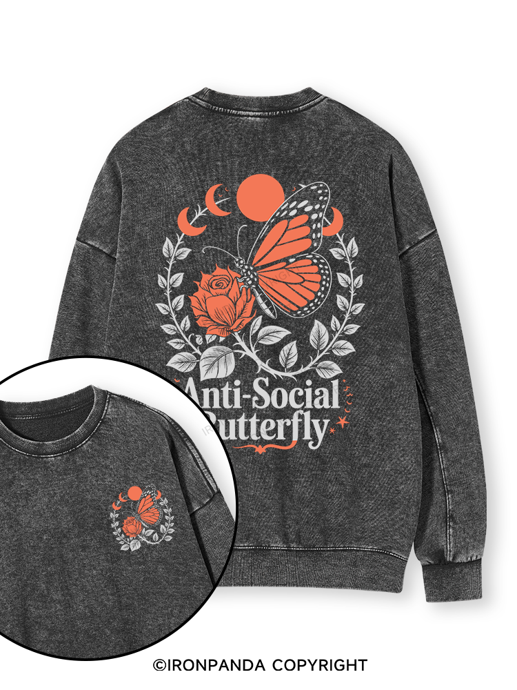 ANTI-SOCIAL BUTTERFLY Double-Sided Printed Washed Sweatshirt
