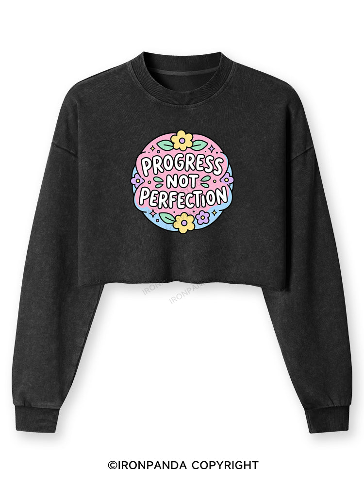 PROGRESS NOT PERFECTION Washed Long-Sleeve Crop Top