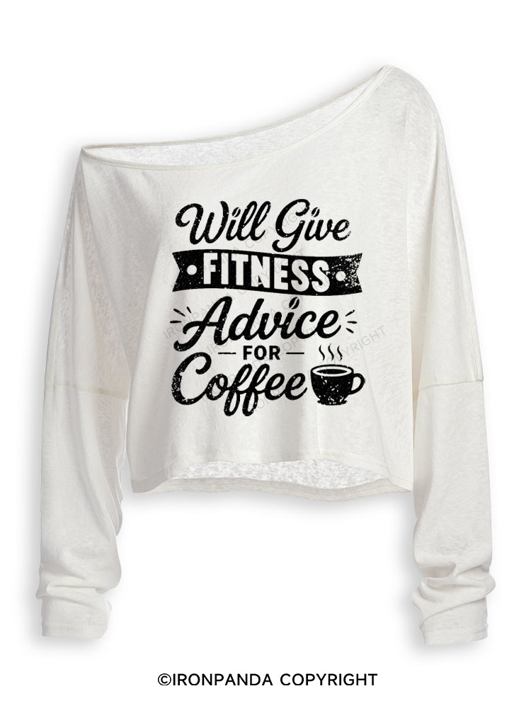 WILL GIVE FITNESS ADVICE FOR COFFEE Off Shoulder Long Sleeve Crop Top