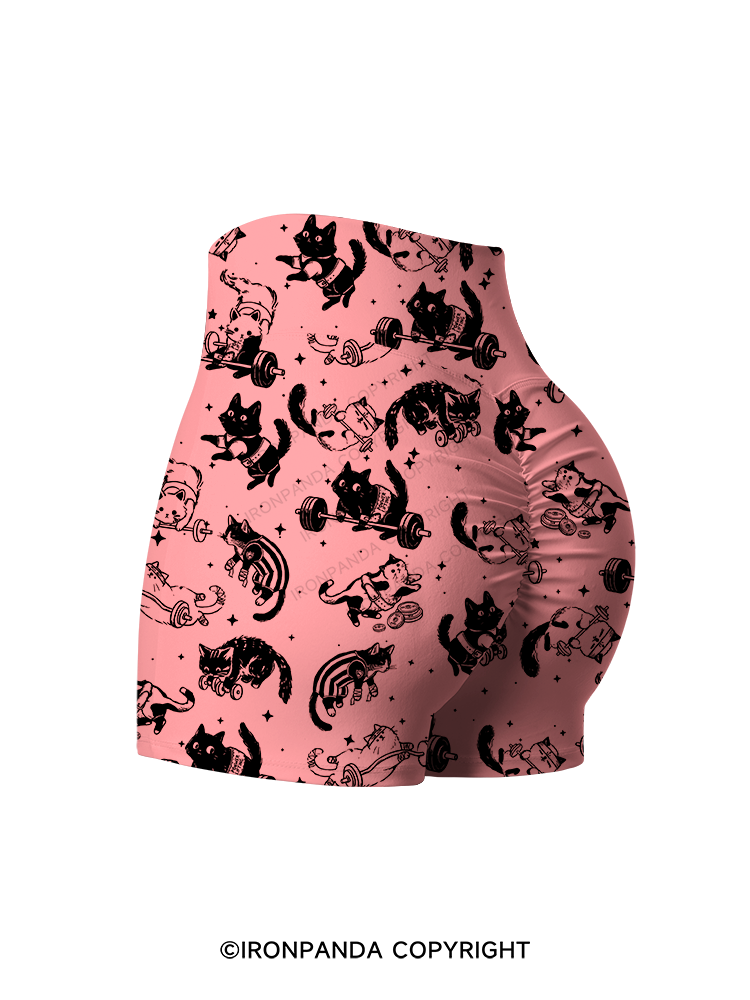 Cute Cat Lifting Club Printed Yoga Shorts