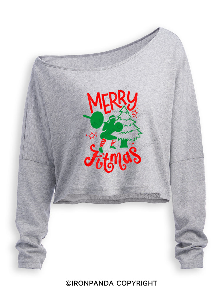 MERRY FITMAS FUNNY STRONG CHRISTMAS Off Shoulder Long Sleeve Crop Top