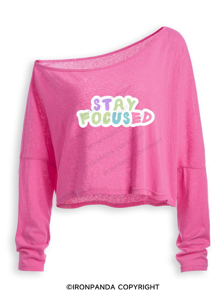 STAY FOCUSED GYM VIBE Off Shoulder Long Sleeve Crop Top