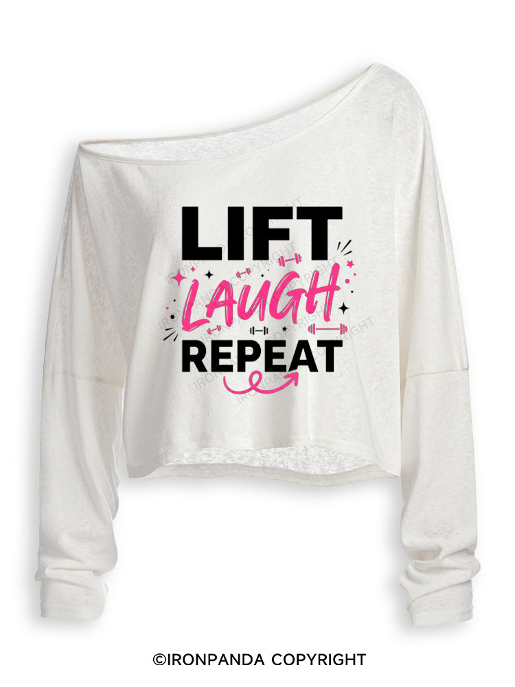 Lift Laugh Repeat Off Shoulder Long Sleeve Crop Top