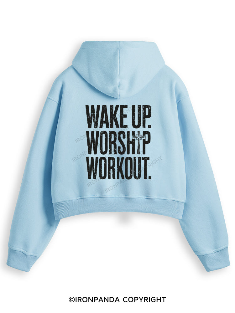 WAKE UP WORSHIP WORKOUT JESUS Fleece Crop Zip Up Hoodie