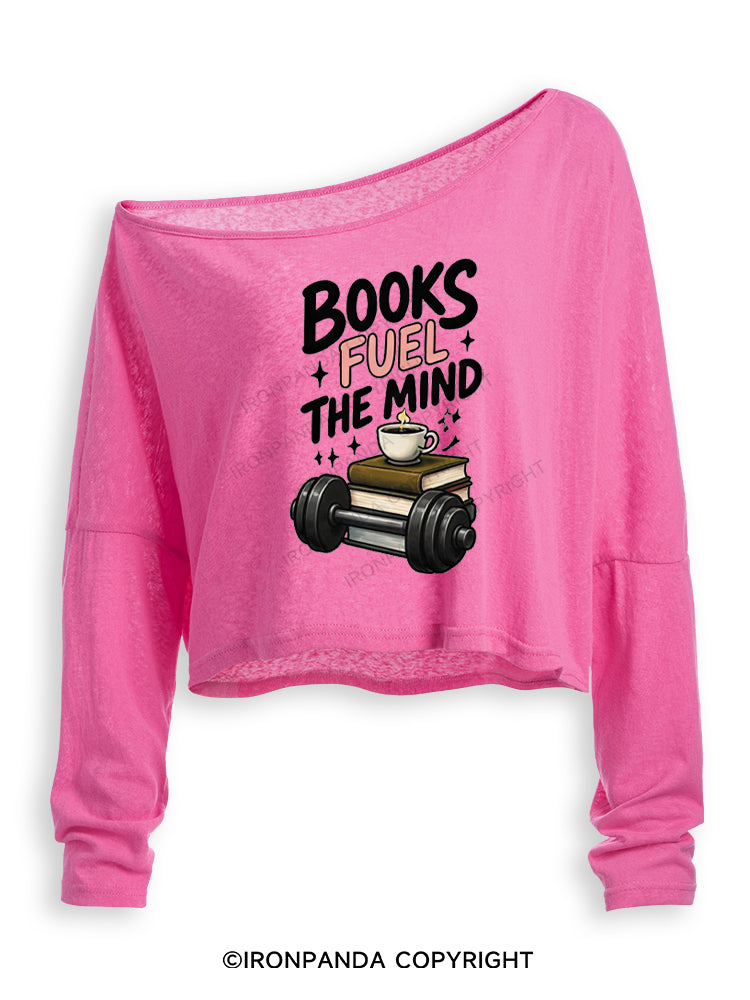 BOOKS FUEL THE MIND Off Shoulder Long Sleeve Crop Top