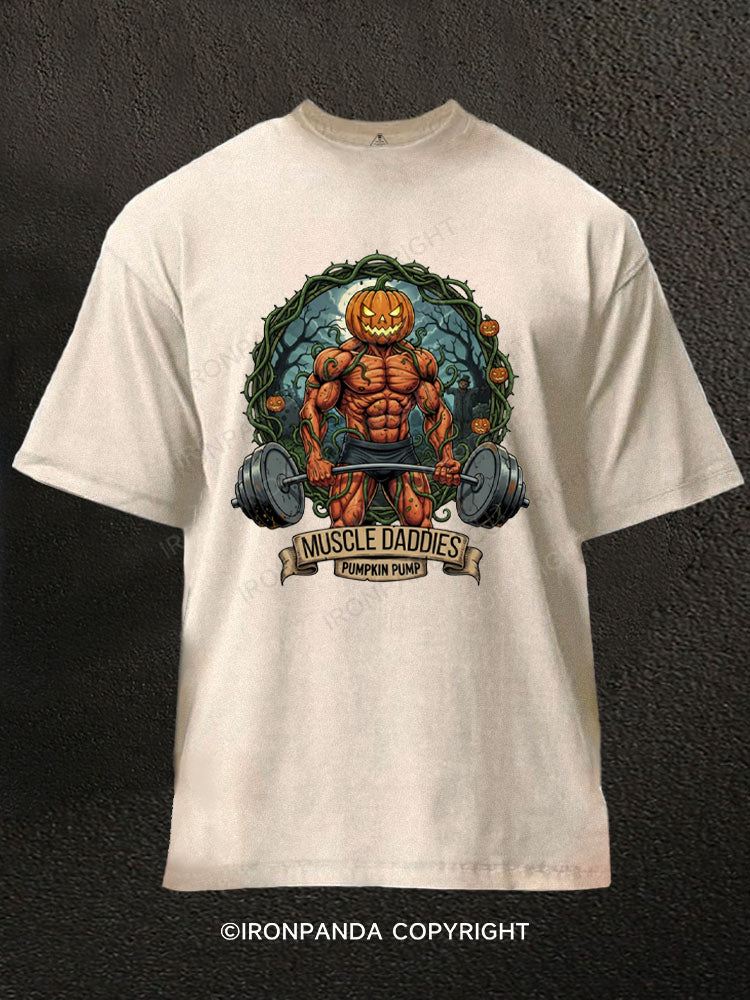 Pumpkin Pump Muscle Daddies Washed Gym Shirt