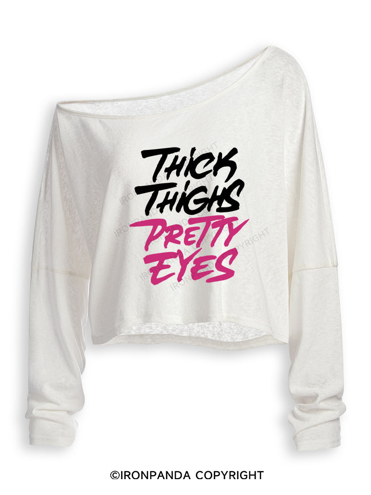 THICK THIGHS PRETTY EYES Off Shoulder Long Sleeve Crop Top