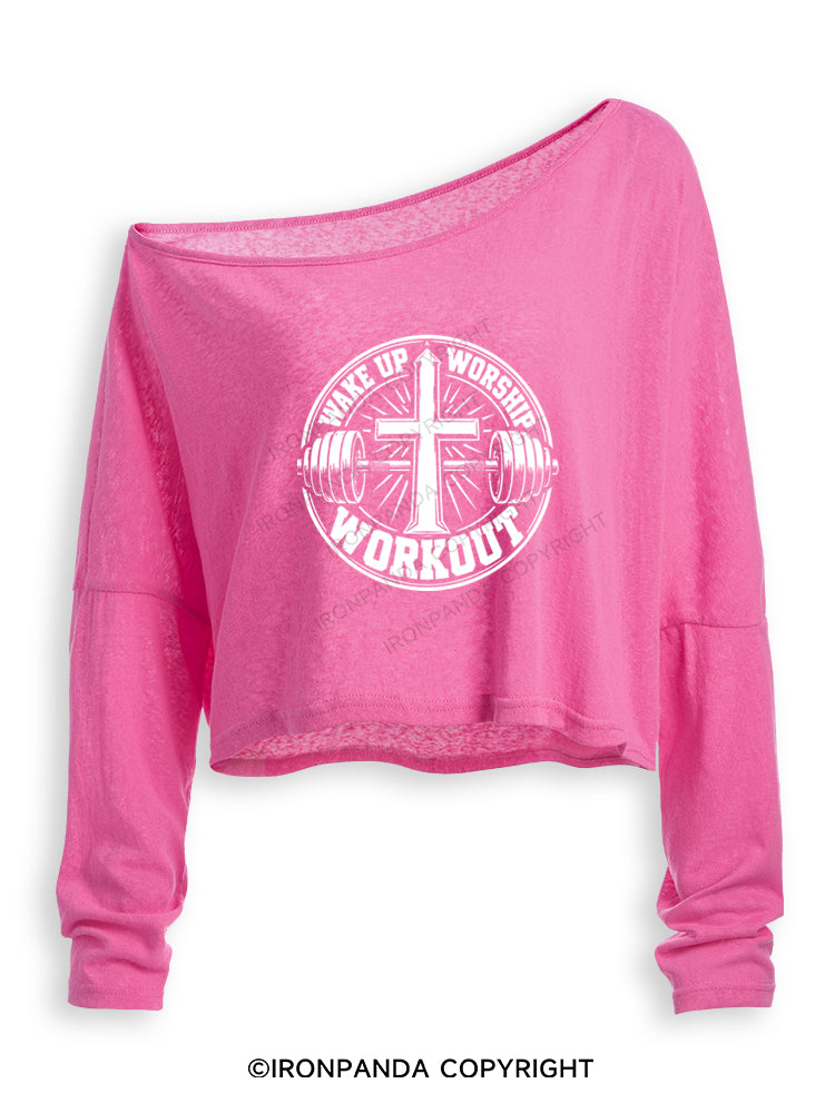 WAKE UP WORSHIP WORKOUT CHRISTIAN WORKOUT Off Shoulder Long Sleeve Crop Top