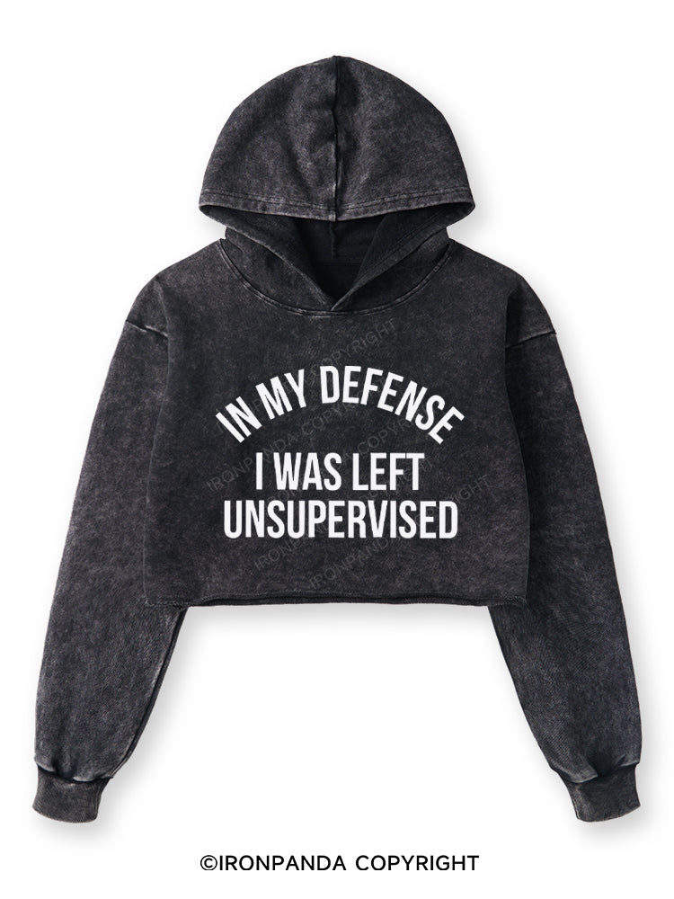 IN MY DEFENSE I WAS LEFT UNSUPERVISED Washed Crop Hoodie