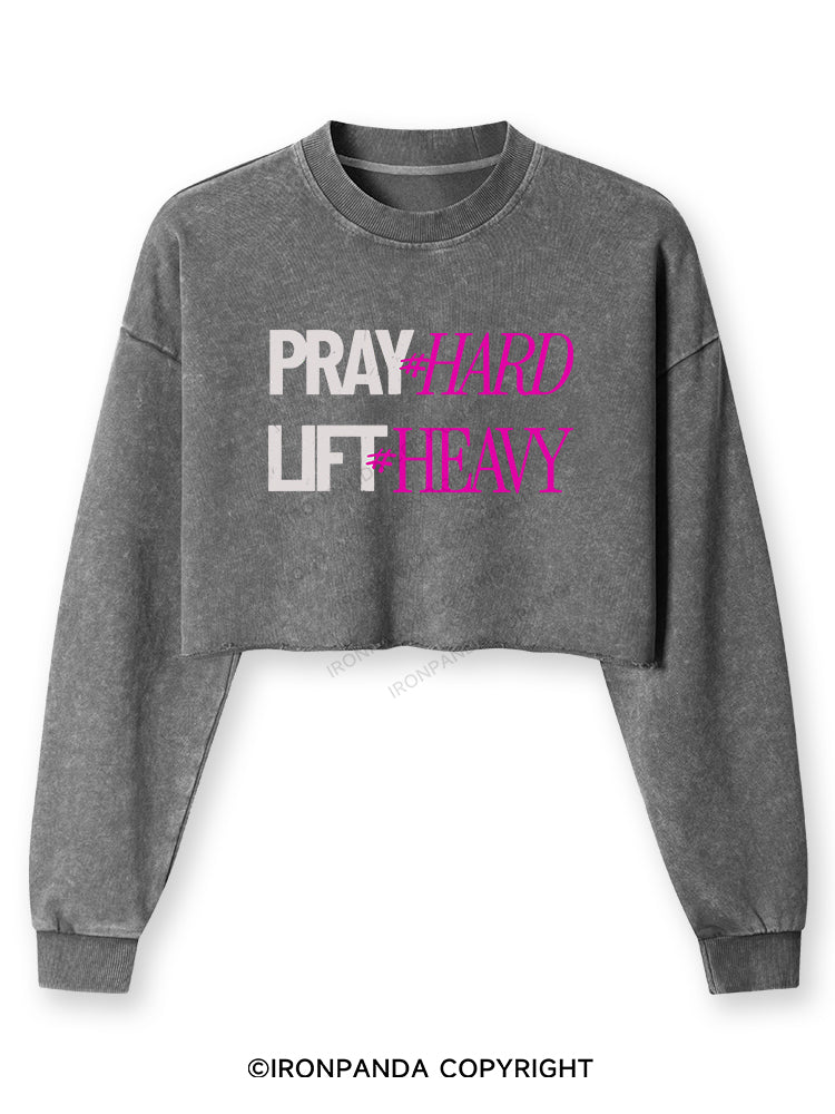 PRAY HARD # LIFT HEAVY GYM Washed Long-Sleeve Crop Top